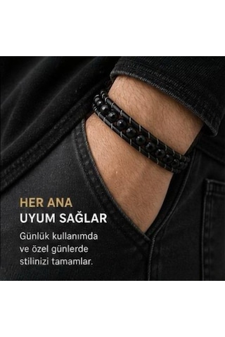 Oniks Taşlı Erkek Deri Bileklik Çelik Halat Örgü, Premium Siyah Bileklik