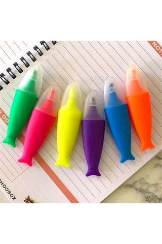 6lı Balık Kuyruk Fosforlu Kalem - Çok Renkli