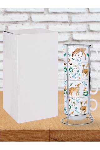 Deepcraft Stantlı 4'lü Fincan Seti Çıkmaz Baskılı Ceylan Desenli 4 Adet Fincan Seti 190 Ml Beyaz