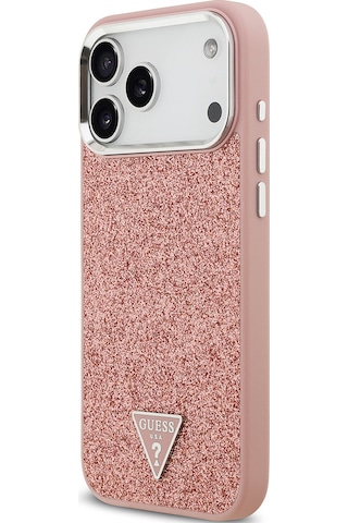 Apple Uyumlu iPhone 17 Pro Max Kılıf Guess Lisanslı M-safeli Metal Kamera Çerçeveli Üçgen Logolu Glitter Pembe Pembe