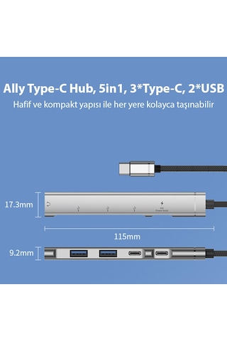 Ally Hb01 5ın1 Type C Dönüştürücü Adaptör Hub Çoklayıcı Siyah