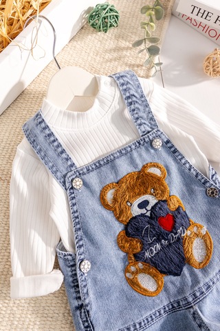 Baby Mod Ayıcık Figürlü Denim 2'li Erkek Bebek Kot Salopet Tulum mavi