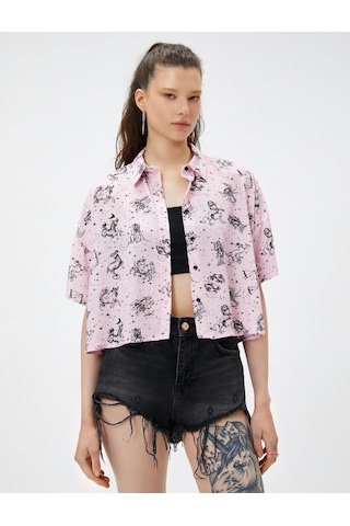 Koton Crop Gömlek Kısa Kollu Viskon Düğmeli Burç Baskılı Pembe Desenli 3sal60212ıw 3SAL60212IW2D5 Pembe