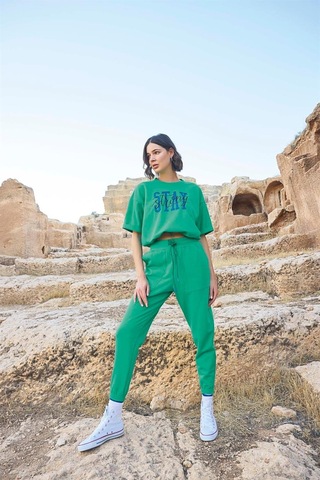 Monamise Kadın Kısa Kollu "stay Strong" Crop Eşofman Takımı 23086 Yeşil