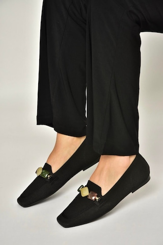 Fox Shoes Y820400304 Siyah Triko Kumaş Boncuk Detaylı Kadın Babet