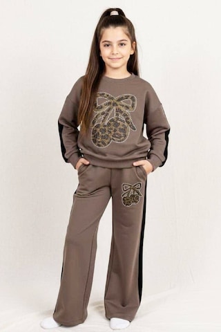 Kız Çocuk Taş İşlemeli Kiraz Ve Fiyonk Desenli-2 İplik-alt-üst Takım-5-12 Yaş 12445 Kahverengi