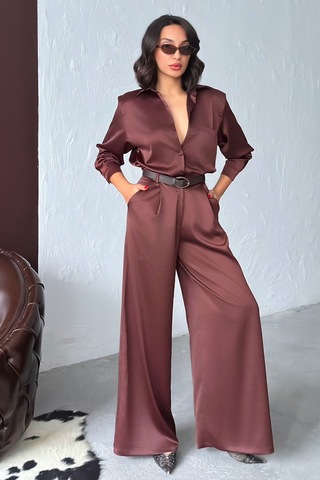 Verymoda Yüksek Bel Bol Paça Saten Pantolon Şık Ve Rahat Tasarım F2052 Kahve