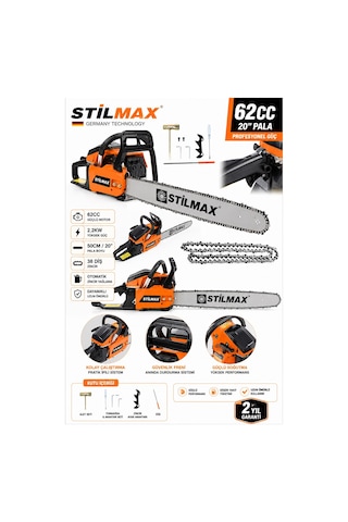 Stilmax STL5038D 63CC Benzinli Ağaç Kesme Motoru 50 CM Pala 38 Diş Zincirli Testere Seti + Balta