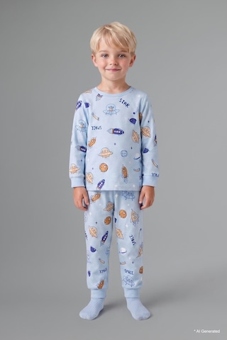 Defacto Baskılı Uzun Kollu Üst Elastik Bel Alt 2li Pijama Takımı Erkek Bebek H6540a526aube343 Mavi-be343