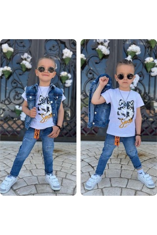 Uğur Böceği Çocuk Kurt Desenli Kot Yelekli Pantolon Tshirt Üçlü Erkek Takım 2-12 Yaş Mavi