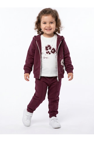 Toontoy Kids Toontoy Kız Çocuk 3'lü Eşofman Takımı Uzun Kollu Bisiklet Yaka Nakışlı T-shirt - Kapüşonlu Fermuarlı Hırka- Beli Paçası Lastikli Eşofman Altı 25042 Mor