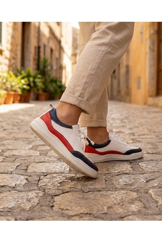 Twoegoist Kadın Hakiki Deri Spor Ayakkabı / Sneakers Beyaz - Lacivert - Kırmızı