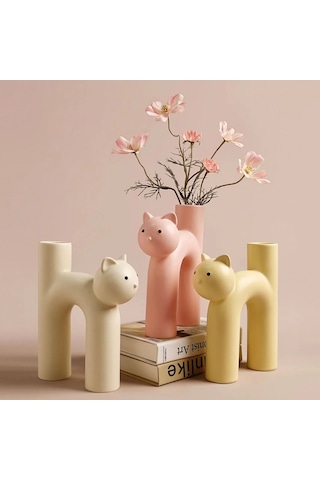 Dekoratif Beyaz Kedi Figürlü Vazo Modern Minimalist Masaüstü Çiçeklik 19x15 Cm