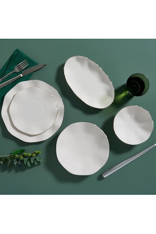 Güral Porselen Nesrin İki Mm Platin 30 Parça 6 Kişilik Bone Porselen Yemek Takımı Beyaz - Platin