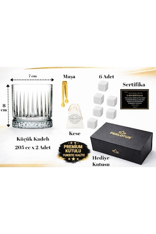 Perlotus Premium Antalya Seri Viski Bardak Seti 2 Li Kristal Kadeh Soğutma Taşı Maşalı Mıknatıslı Hediye Kutulu Sertifikalı Erkek Hediye Seti Beyaz