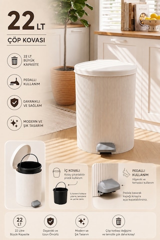 Porsima 0707-1 Still Beyaz 22 Litre Pedallı İç Kovalı Yuvarlak Mutfak & Banyo Çöp Kovası Yok