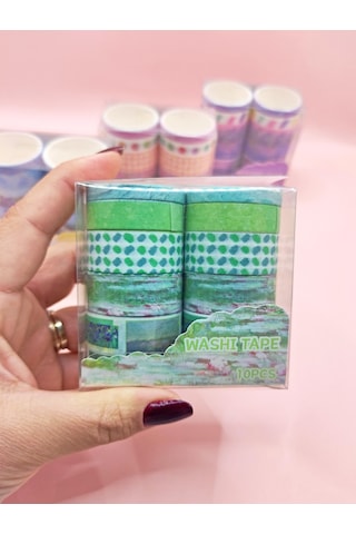 Vintage Washi Tape Bant Baskılı Yapışkanlı Maskeleme Kağıdı 45e Desenli Bant 10'lu - Yeşil Tablo 1