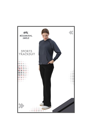 Kadın Spor Eşofman Takım İspanyol Paça Çift Cepli Alt &kapüşonlu Kanguru Cepli Üst Antrasit 3053 Antrasit