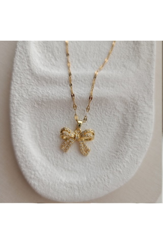 Lente Aksesuar Çelik Kararmaz Zirkon Taşlı 14k Altın Rengi Fiyonk Kolye Gold