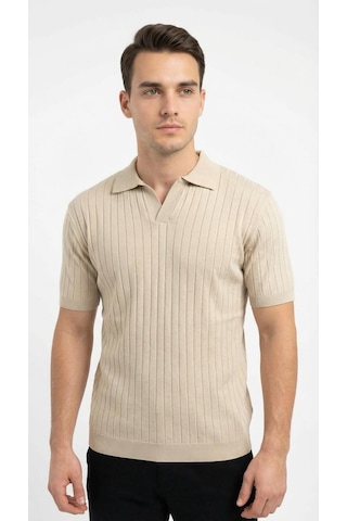 Erkek Polo Yaka Slim Fit Triko Tişört Dikey Çizgili Modern Yazlık Triko Bej