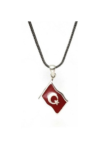 Mineli Gümüş Ayyıldız Bayrak Kolye Zincir