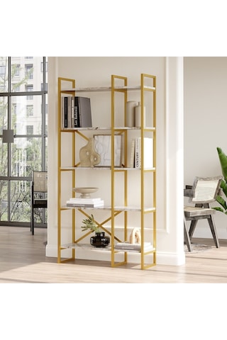 Atlantis 175cm Gold Metal Kitaplık 5 Raflı 2 Bölme Mermer Desen Atl4-ge Efes