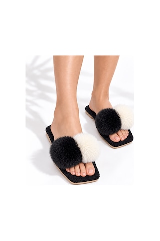 Dabab Shoes Pomella Kadın Siyah Çift Ponponlu Peluş Bantlı Kaymaz Tabanlı Önü Açık Ev Terliği