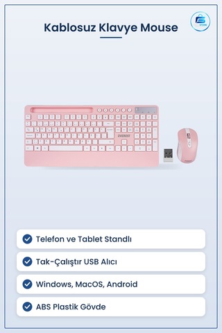 Klavye Mouse Set Kablosuz Telefon Ve Tablet Standlı Beyaz Pembe O
