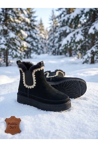 Shoetek Sirel Kadın Bot İçi Kürklü Kenar Triko Örgü Hakiki Deri Süet Siyah