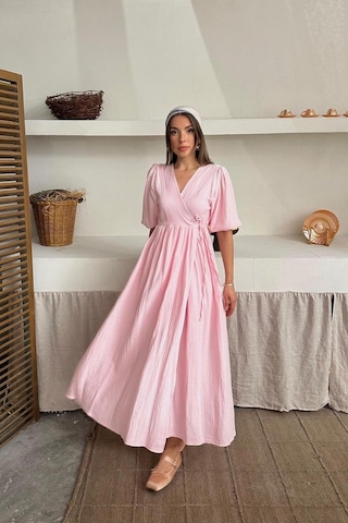 Hazego Pembe Müslin Uzun Elbise Pembe