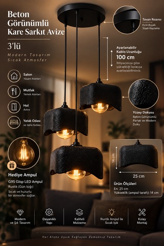 Beton Görünümlü 3'lü Kare Sarkıt Avize Modern Bohem Salon Yemek Masası G95 Rustik Led Ampul Hediyeli Siyah