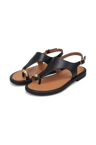 Ne&ve Shoes Siyah Hakiki Deri Aksesuar Detaylı Parmak Arası Kadın Arkadan Tokalı Sandalet