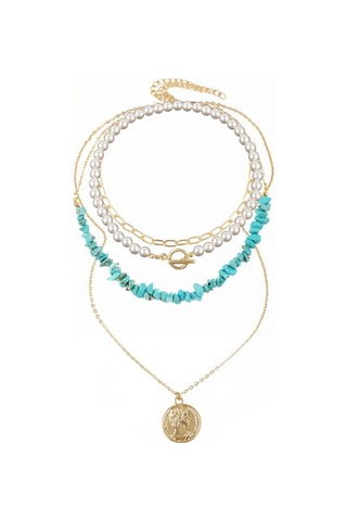 Boho Renkli Kırık Doğal Taş Kolye, Model: N2105-20 Mavi-yeşil Taşlar Çok Renkli