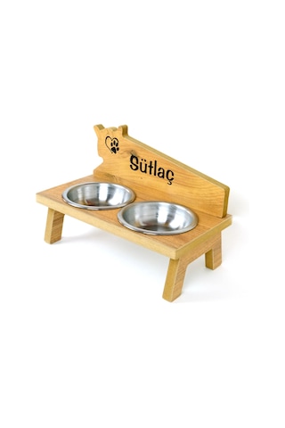 Realwood Özel İsimli Ahşap Kedi Köpek Mama Su Kabı Stantı 800 ML