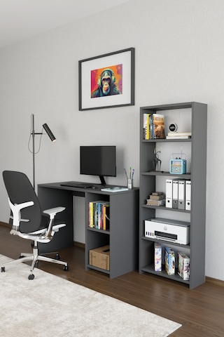 Kitaplıklı Çalışma Masası Bilgisayar Masası Raflı Öğrenci Ofis Masası 5 Raflı Ders Çalışma Masası Antrasit