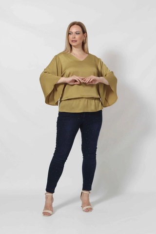 3183yy Yağ Yeşili Beli Lastikli Bol Kol Bluz Yağ Yeşili