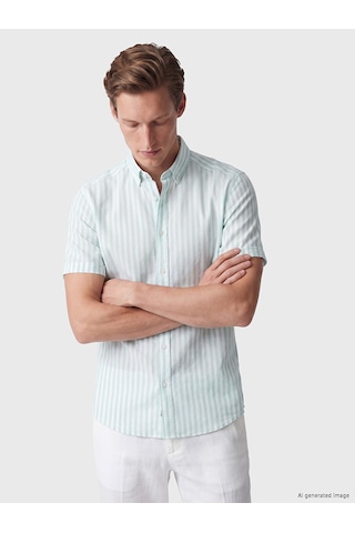 Lc Waikiki Lc Waıkıkı Turkuaz Regular Fit Çizgili Keten Karışımlı Erkek Gömlek