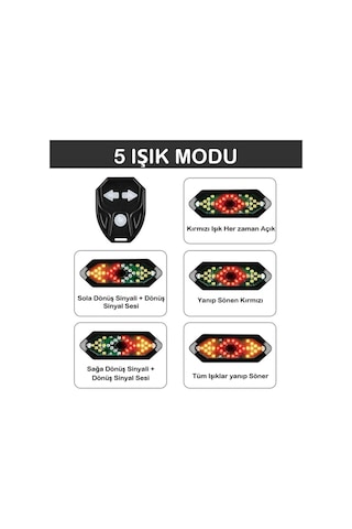 Bisiklet Dönüş Sinyali 5 Işık Seçeneği Şarj Edlebilir Bisiklet Arka Led Uyarı Işığı Uzaktan Kumanda Çok Renkli