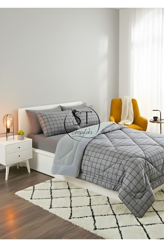 Çift Kişilik Kare Welsoft Uyku Seti Çift Taraflı 195x215 Gri