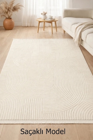 Rölyef Joy Krem Kaymaz Yıkanabilir Taban Kesme Salon Mutfak Halı Yolluk Beyaz