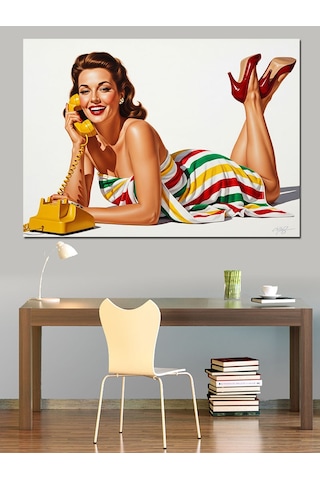 Vintage Pin-up Telefonla Konuşan Kadın Dekoratif Kanvas - Mdf Ahşap Tablo
