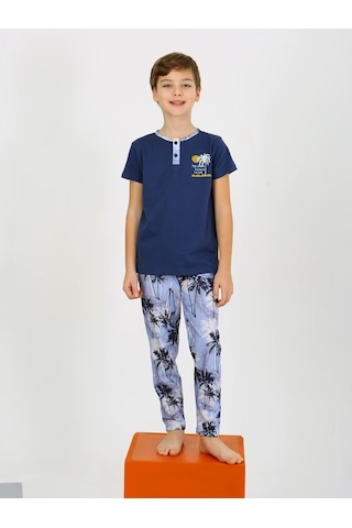 Vitmo Erkek Çocuk Kısa Kollu Düğme Detaylı %100 Pamuklu Pijama Takımı The Palm Lacivert