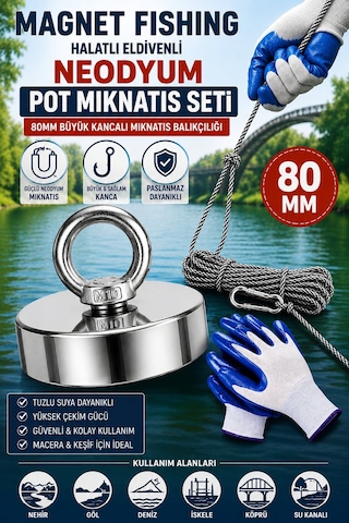 80mm Magnet Fishing Halatlı Eldivenli Neodyum Pot Mıknatıs Seti, Büyük Kancalı Mıknatıs Balıkçılığı