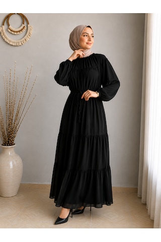 Efulim Womens İpli - Astarlı Salaş Şifon Tesettür Elbise Siyah