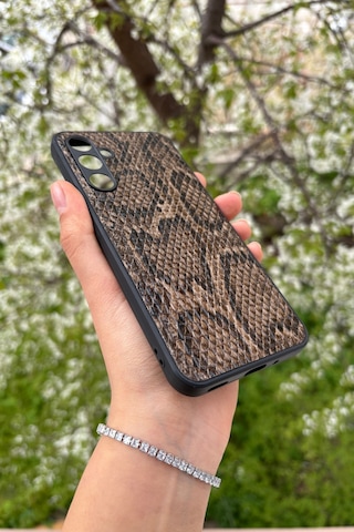 Samsung Uyumlu Galaxy A16 Yılan Desenli Kabartma Dokulu Kılıf Kahverengi