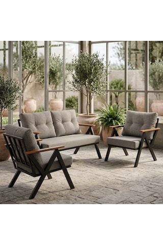 Venedik 2+1+1 Metal Balkon Takımı Keten Dokulu Kumaş Siyah Metal - Bahçe Teras Oturma Grubu