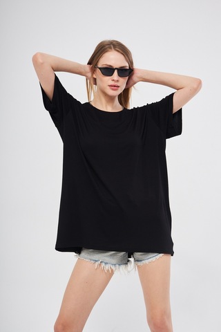 Siyah Baskısız Düz Bisiklet Yaka Kadın Oversize T-shirt SIYAH