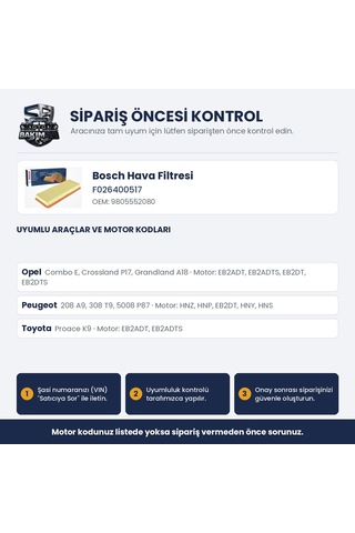 Bosch F 026 400 517 Hava Filtresi - Proace City K9 / Combo E / Crossland P17 1.2 Turbo / 1.2 Puretech