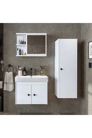 Ada Lavabolu Banyo Alt Dolabı + Banyo Üst Dolabı + Boy Dolap Byz Mat Beyaz
