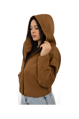 Kadın Taba Kapüşonlu Su Ve Rüzgar Geçirmez Cepli İçi Astarlı Oversize Yağmurluk Taba